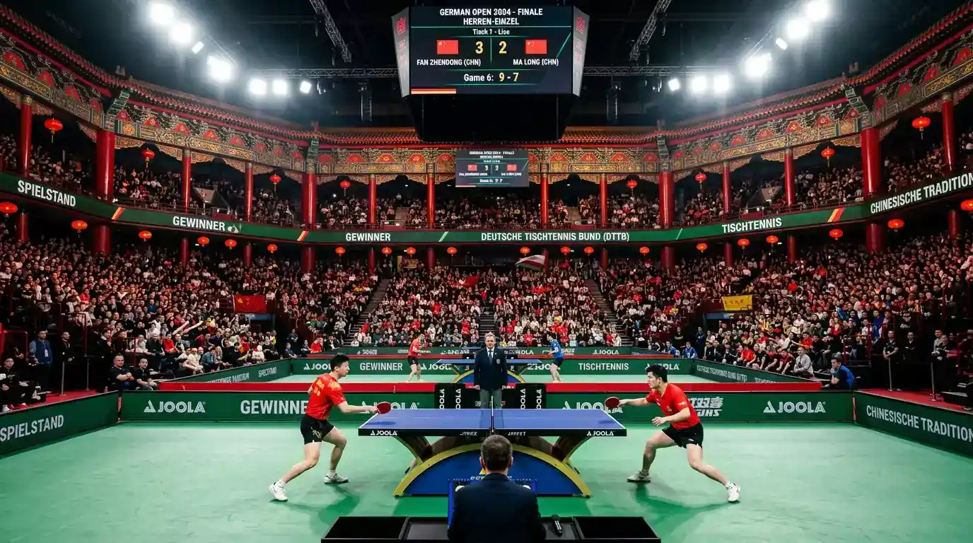 Professionelles Tischtennis-Match in einer asiatischen Arena mit chinesischen Elementen