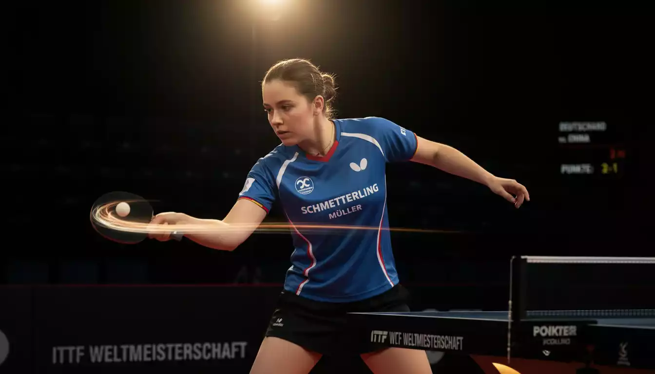 Tischtennisspielerin beim Vorhand-Schlag unter Arena-Scheinwerfern