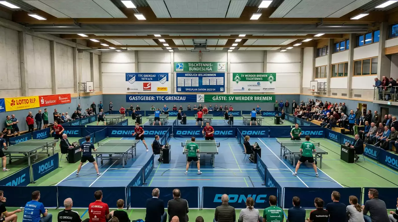 Tischtennis-Bundesliga-Spielhalle mit mehreren Wettkampftischen in Deutschland
