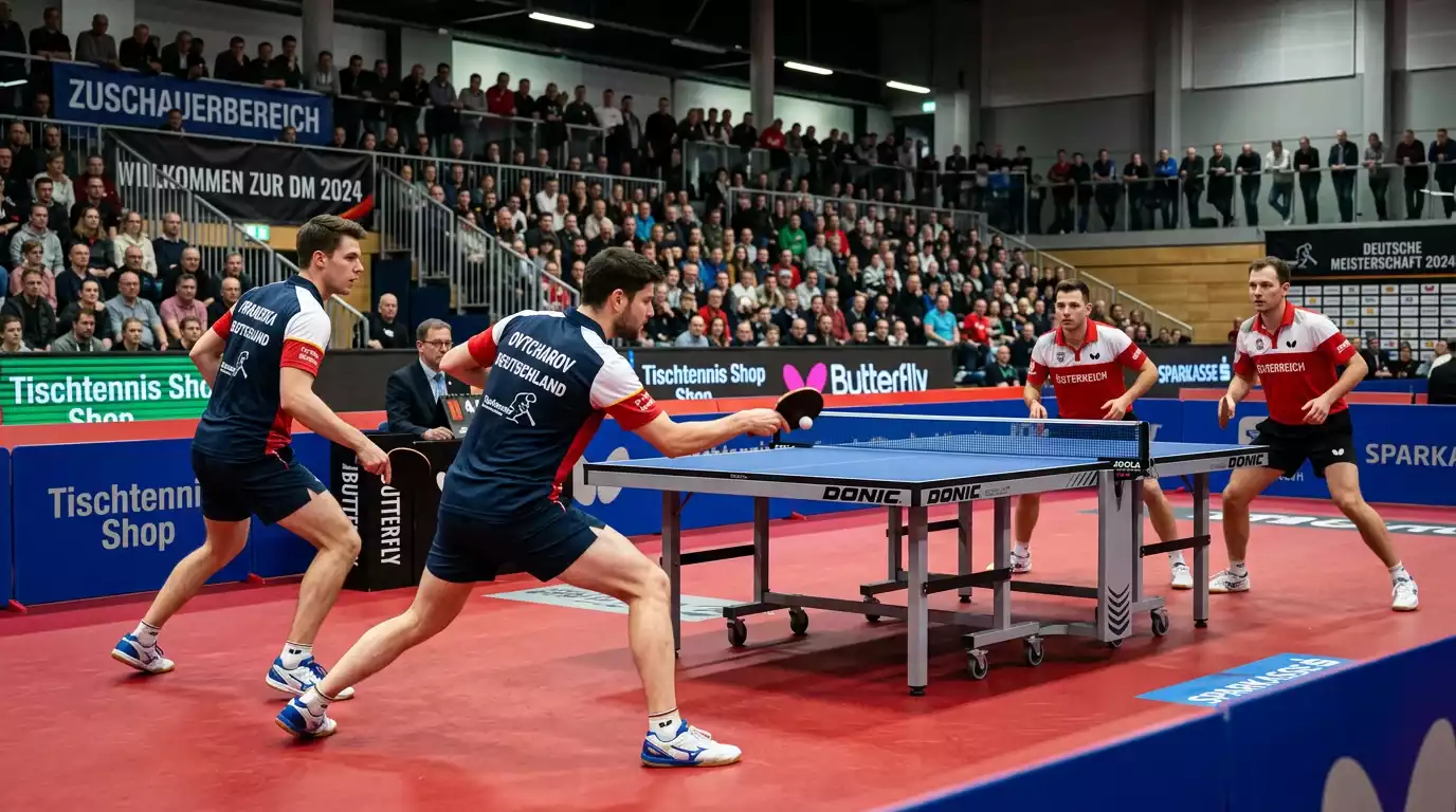 Doppel-Tischtennismatch mit vier Spielern am Wettkampftisch in Teamtrikots