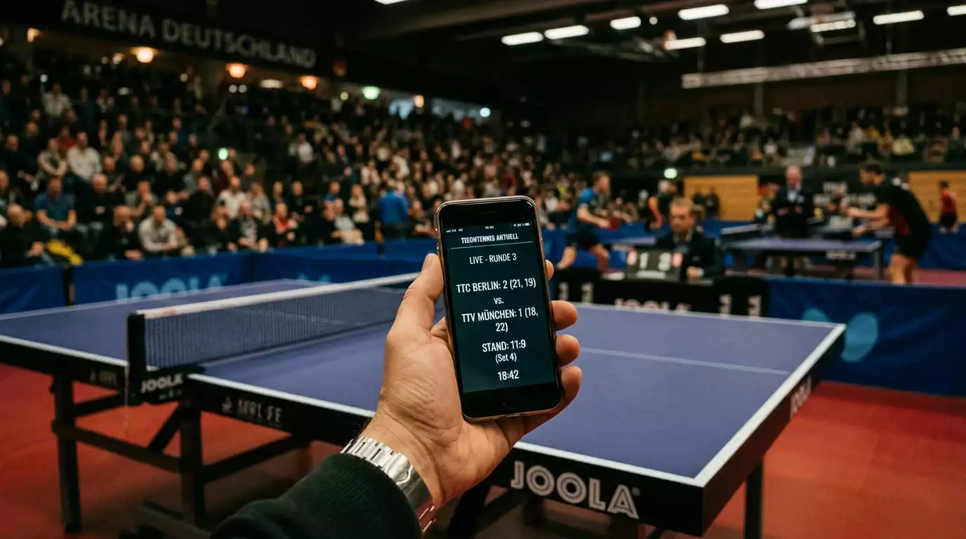 Hand mit Smartphone in einer Tischtennis-Arena für mobiles Wetten unterwegs