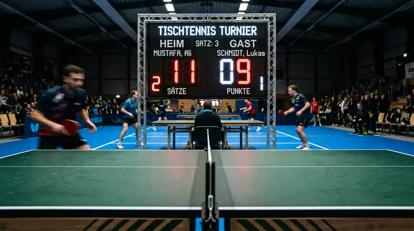 Elektronische Anzeigetafel mit Satzergebnissen bei einem Tischtennis-Turnier