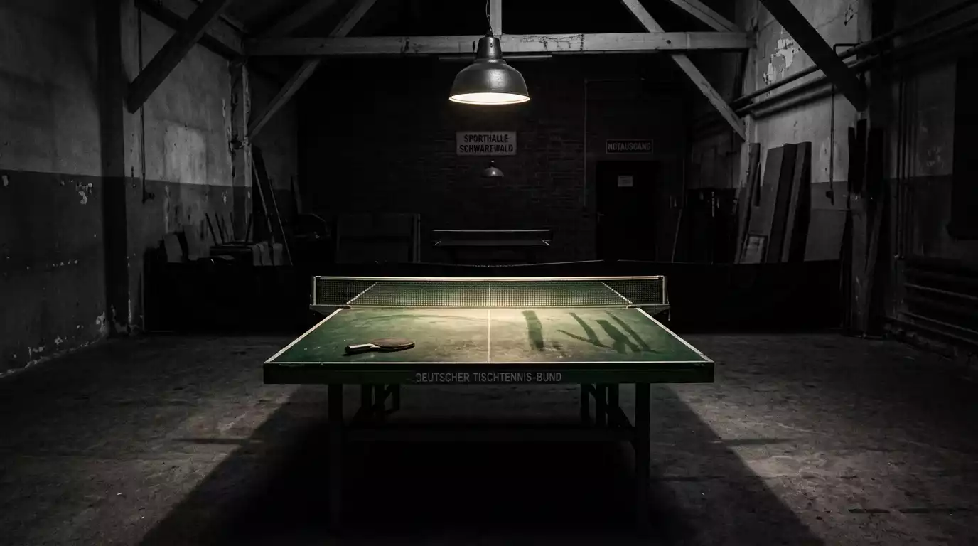 Leerer Tischtennistisch in gedämpftem Licht zur Veranschaulichung von Integritätsrisiken