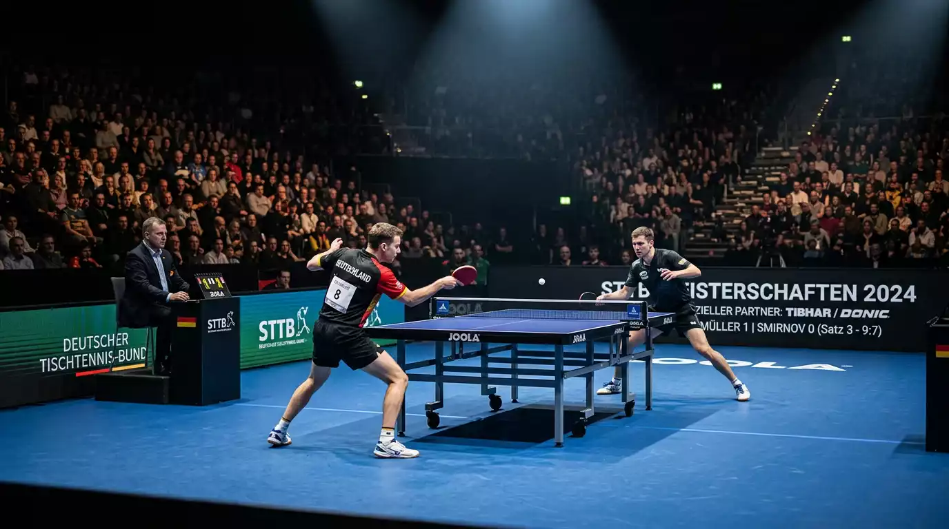 Professioneller Tischtennis-Turniertisch unter Scheinwerfern bei einem WTT-Event