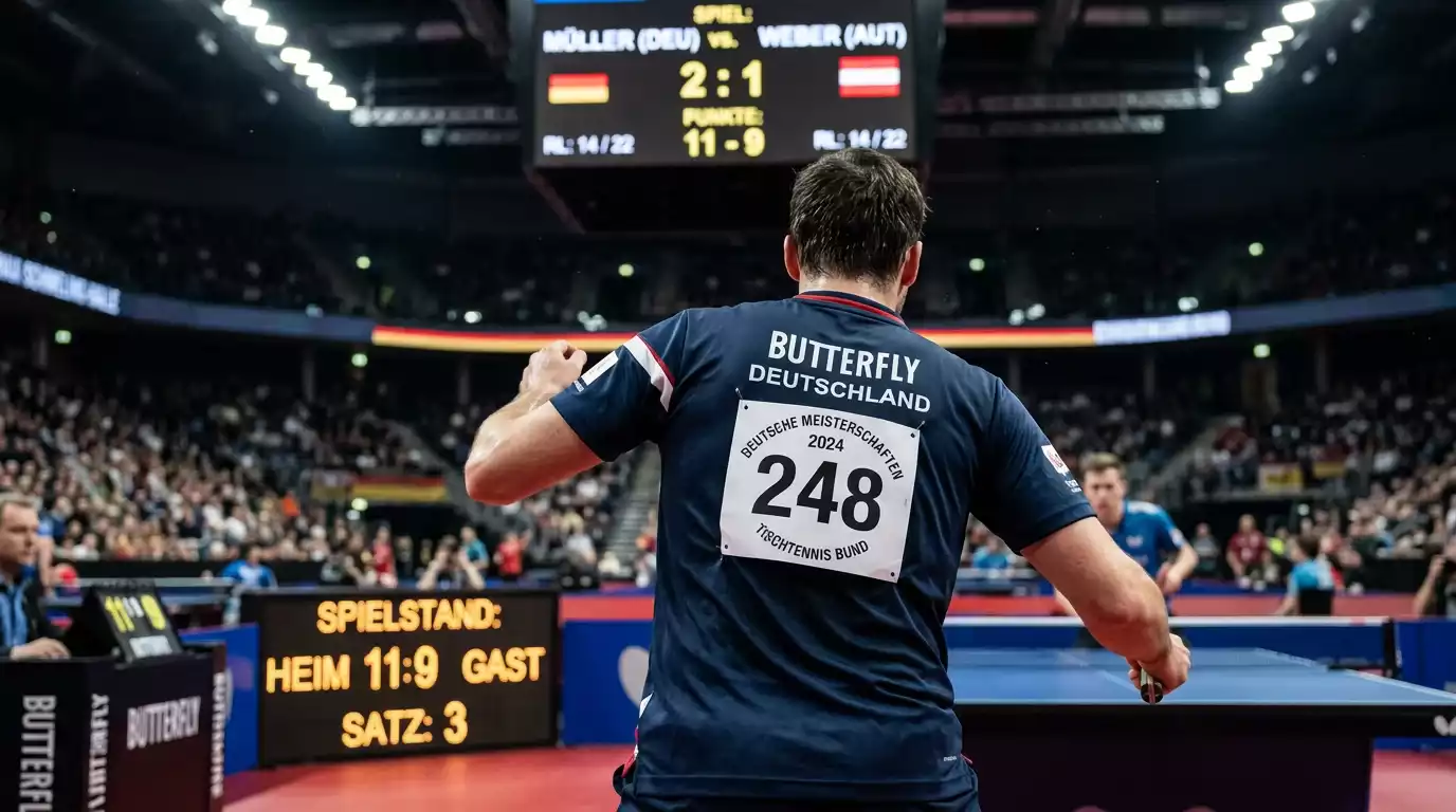 Rückansicht eines Tischtennisspielers mit Startnummer und Rangliste im Hintergrund