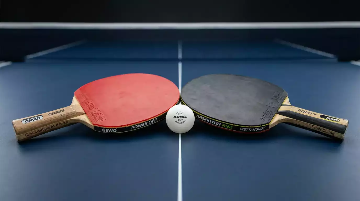 Zwei Tischtennisschläger gegenüber mit Ball dazwischen als Symbol für Wettbörsen
