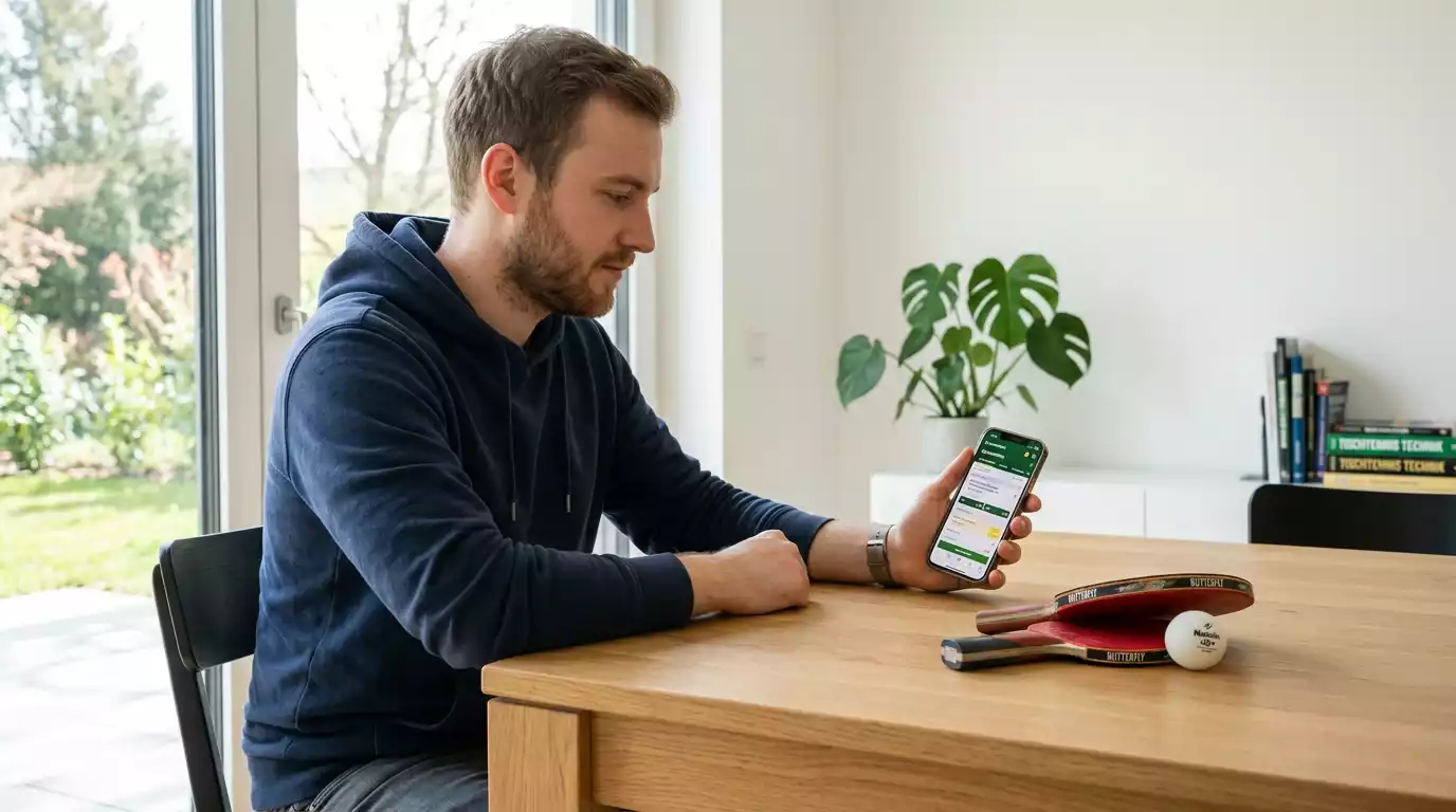 Smartphone mit Wett-App neben Tischtennisschläger und Ball für Wetteinsteiger
