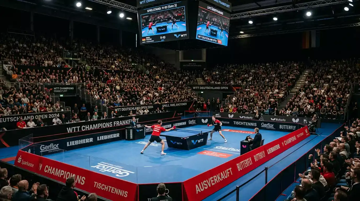 WTT Grand Smash Tischtennis-Turnier mit professionellen Spielern und Zuschauerrängen